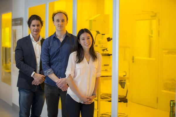 Key component for quantum computing invented_Professor David Reilly (left) with Alice Mahoney (right) and Dr John Hornibrook outside the Sydney Nanoscience Hub cleanrooms